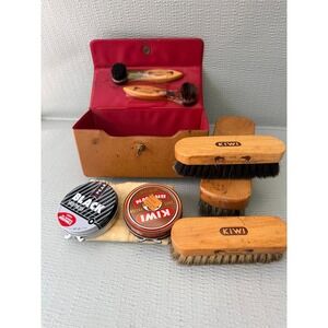 Vintage Kiwi Shoe Shine Kit‎ Horsehair Brushes Polish Travel Case